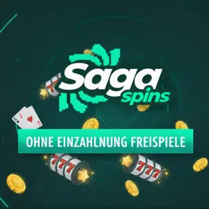 Saga Spins-Logo, umgeben von schwebenden Spielkarten, goldenen Euromünzen und leuchtenden Spielautomatensymbolen.