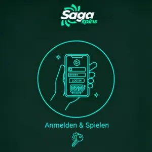 Hand hält ein Smartphone mit einem Anmeldeformular und dem Text "Anmelden & Spielen", darunter ein Spielautomat mit drei Siebenern.
