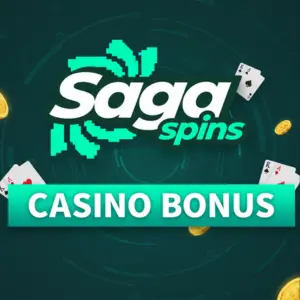 Das Saga Spins Logo ist prominent platziert, umgeben von schwebenden Spielkarten und goldenen Euromünzen. Der Text 'CASINO BONUS' ist in einem markanten grünen Feld zu sehen.