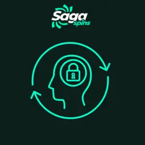 Saga Spins Logo über einem runden Symbol, das einen stilisierten Kopf mit einem Schloss und zwei Pfeilen zeigt, die eine Anmeldung oder Registrierung symbolisieren.