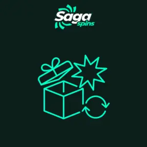 Saga Spins Logo über einem runden Symbol, das eine geöffnete Geschenkbox mit einem Stern und einem Kreispfeil zeigt, der die Auswahl eines Bonus darstellt.