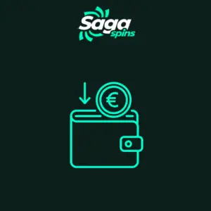 Saga Spins Logo über einem runden Symbol, das eine Geldbörse mit einem Euromünze und einem nach unten zeigenden Pfeil zeigt, der eine Einzahlung darstellt.