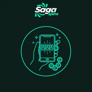 Saga Spins Logo über einem runden Symbol, das eine Hand zeigt, die ein Smartphone mit einem Spielautomaten-Bildschirm und mehreren Euromünzen daneben hält, was das Genießen eines Bonus symbolisiert.