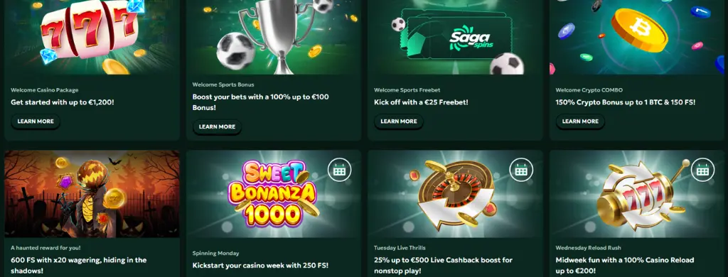 Auswahl an Saga Spins Casino Boni