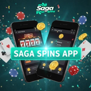 Digitale Anzeige der Saga Spins App mit zwei Smartphones, umgeben von Konfetti, Goldmünzen und Glücksspiel-Symbolen.