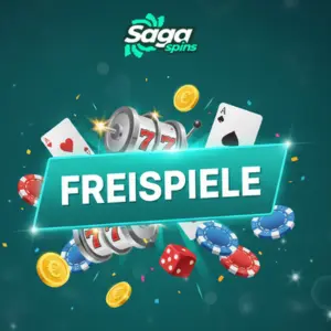 Unter dem Logo von Saga Spins Casino umgeben Chips, Spielkarten, Euromünzen und Spielautomatensymbole den Text „FREE SPINS“.