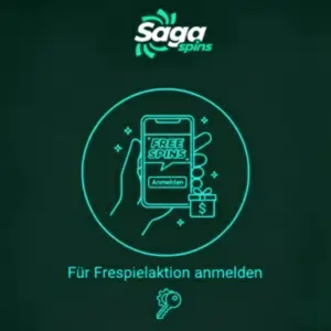 Ein Smartphone zeigt die Saga Spins Seite mit dem Text ‚Free Spins‘ – Nutzer sollen sich für die Freispielaktion anmelden.