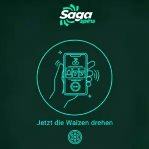 Auf dem Bildschirm der Saga Spins App ist ein Slot-Spiel zu sehen – der Schritt lautet: Jetzt die Walzen drehen.