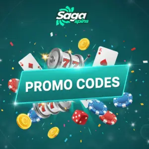 Unter dem Saga Spins-Logo umgeben Würfel, Chips, Spielkarten, Euromünzen und Spielautomatensymbole den Text „PROMO CODES“.
